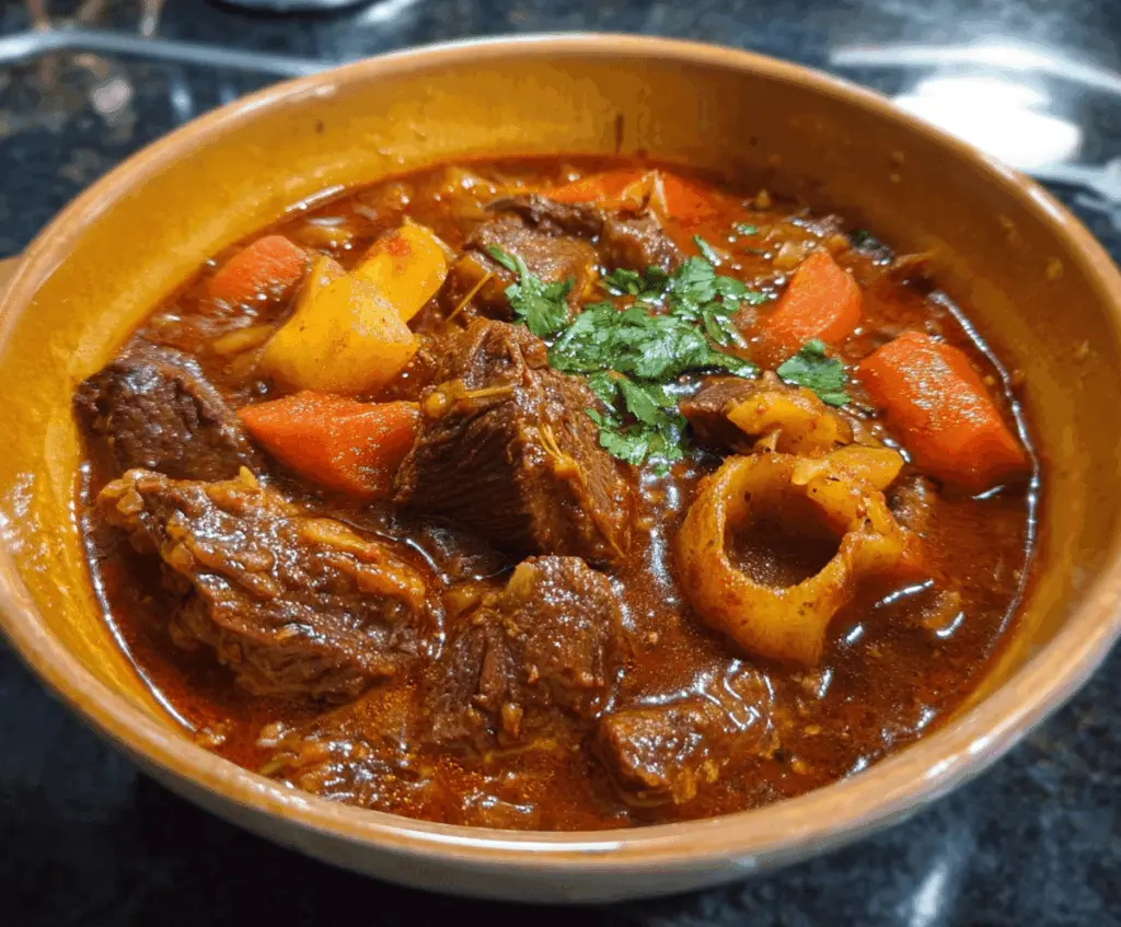 Savory African Beef Stew with tender beef chunks, vegetables, and rich spices served in a bowl