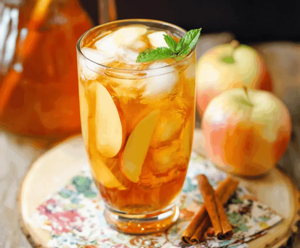 Refreshing glass of Apple Butter Iced Tea garnished with apple slices and mint, perfect for a cooling summer beverage.