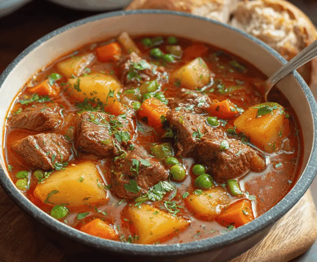 Hearty beef and vegetable stew in a rustic bowl with tender chunks of beef, carrots, potatoes, and green beans, served hot on a wooden table.