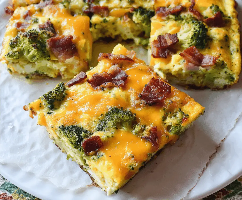 Delicious broccoli cheddar egg bake topped with crispy turkey bacon, served as a healthy breakfast or brunch dish.