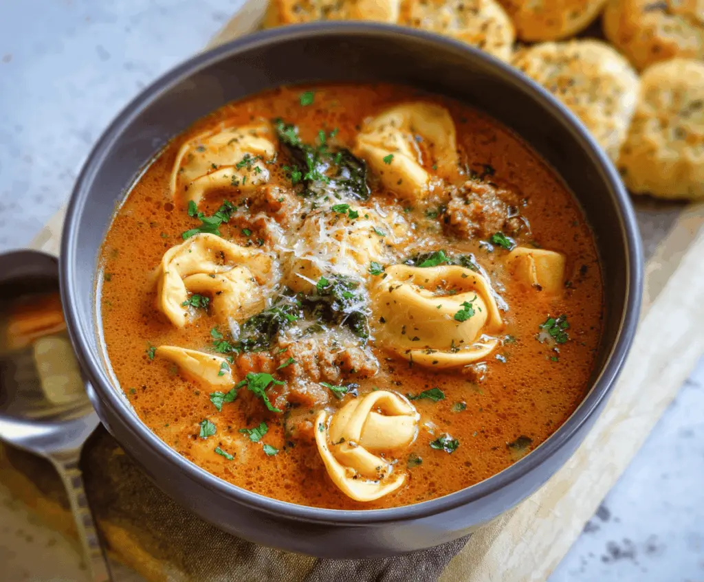 Creamy cheese tortellini soup with fresh herbs and vegetables in a bowl, served hot and ready to enjoy