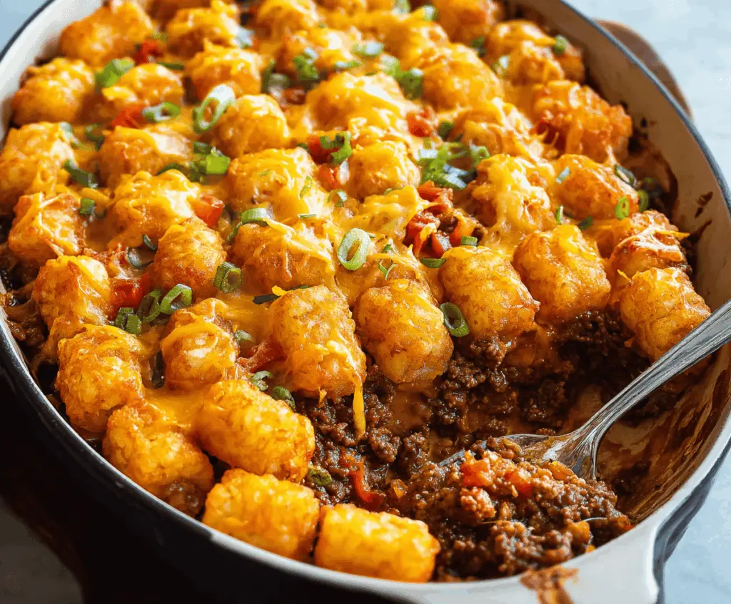 Delicious cheeseburger tater tot casserole topped with melted cheese and fresh vegetables, served in a baking dish.