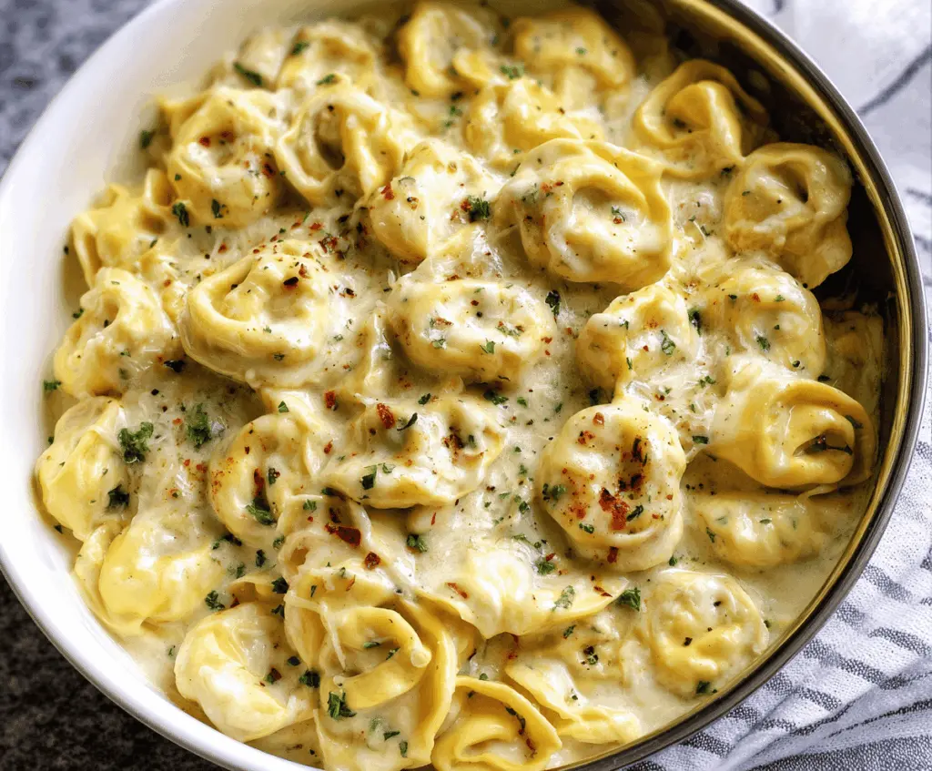 Creamy cheesy Alfredo tortellini pasta served in a bowl, garnished with fresh herbs and grated cheese, perfect for a delicious Italian-inspired meal.
