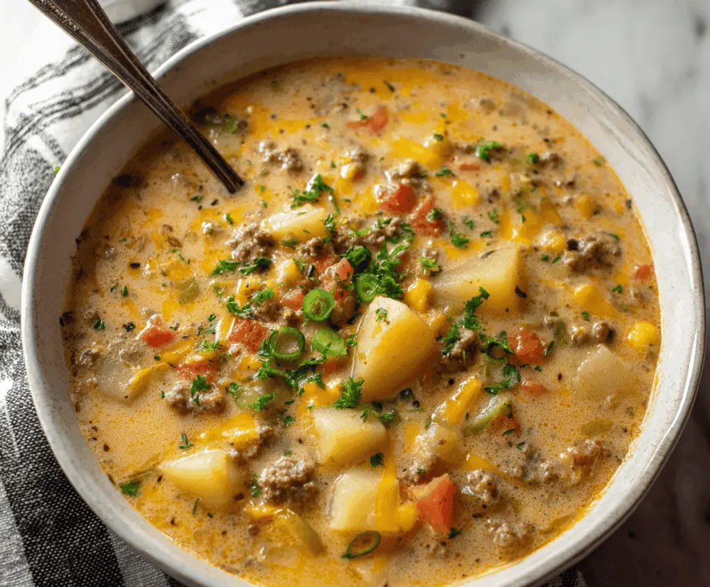 Creamy cheesy hamburger potato soup in a bowl topped with melted cheese, fresh herbs, and diced vegetables, served hot.