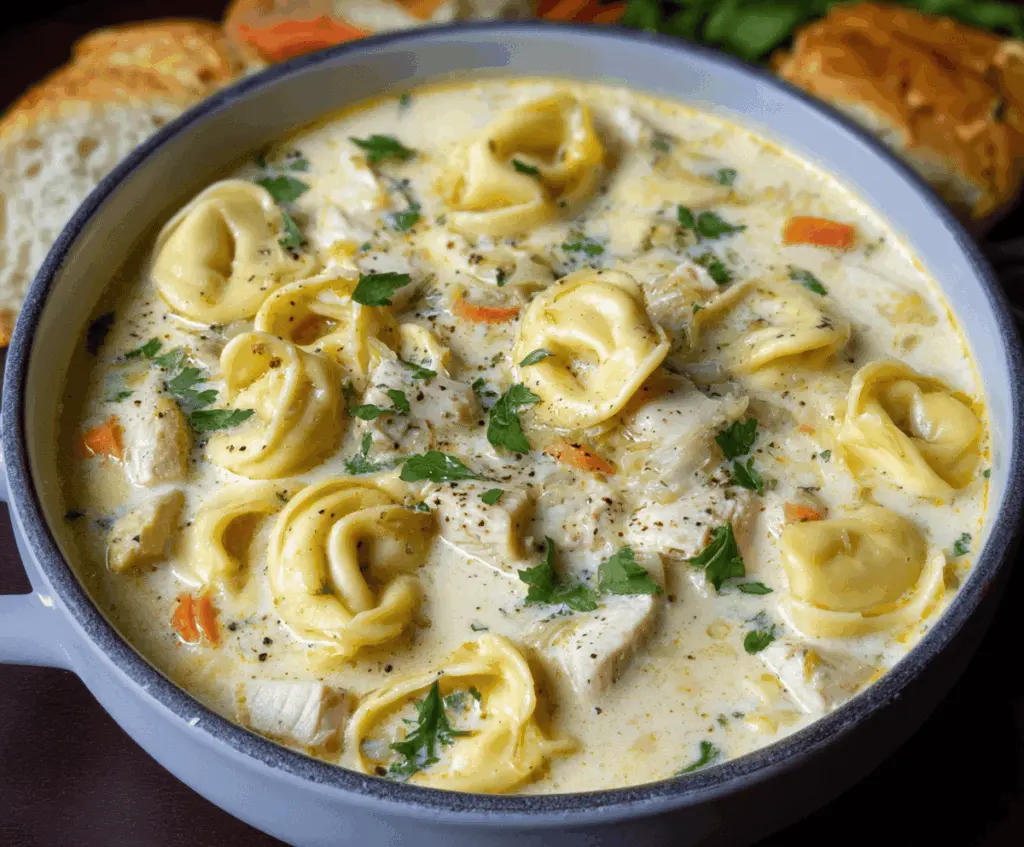 Creamy Chicken Alfredo Tortellini Soup with fresh herbs and melted cheese in a bowl, perfect for cozy dinners