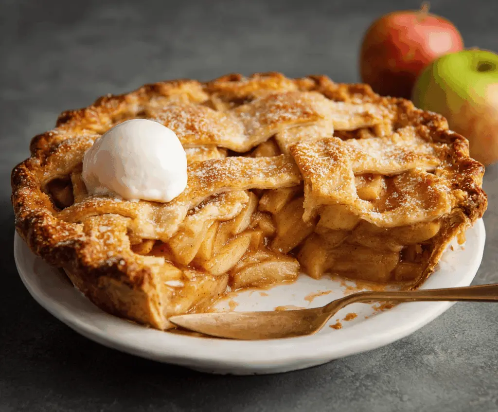 Delicious homemade classic apple pie topped with golden flaky crust and cinnamon-spiced apple filling, perfect for dessert or special occasions.