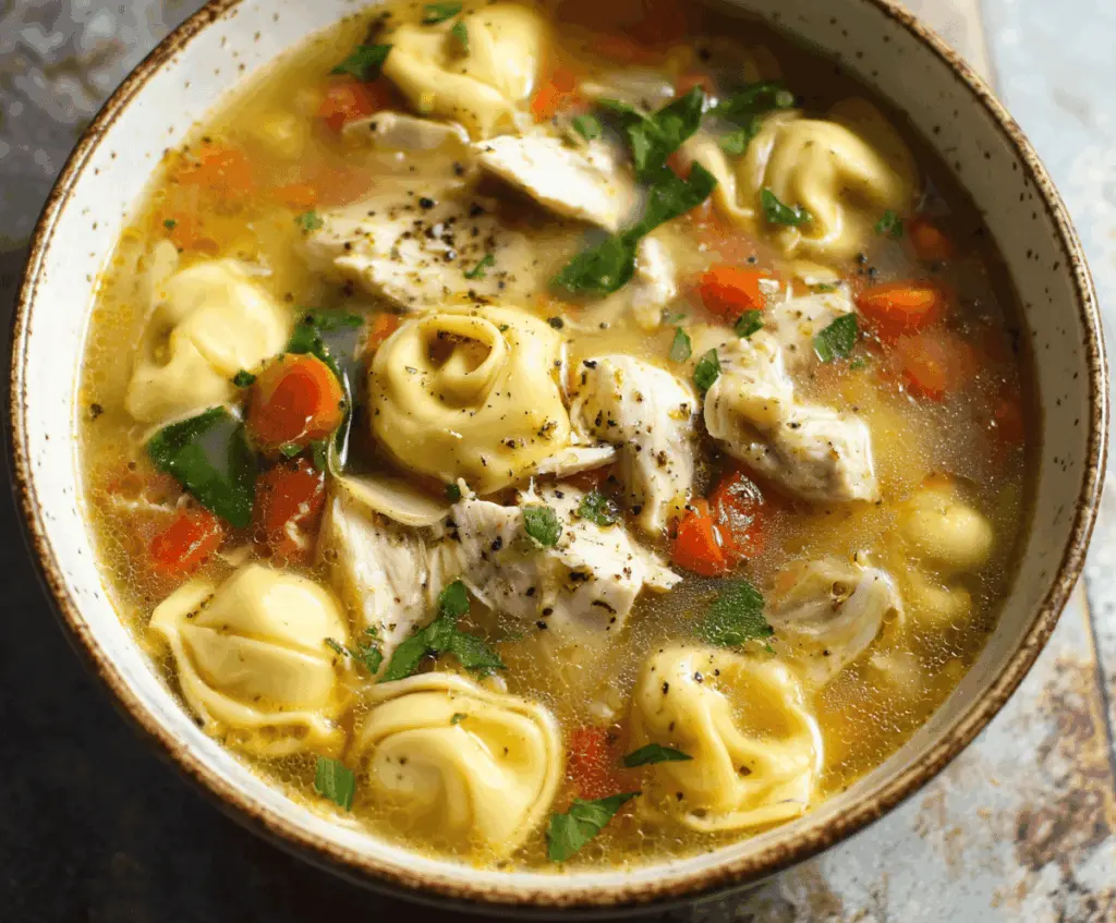 A warm bowl of cozy tortellini soup with chicken broth, garnished with fresh herbs and grated cheese, served in a rustic bowl for a comforting meal.