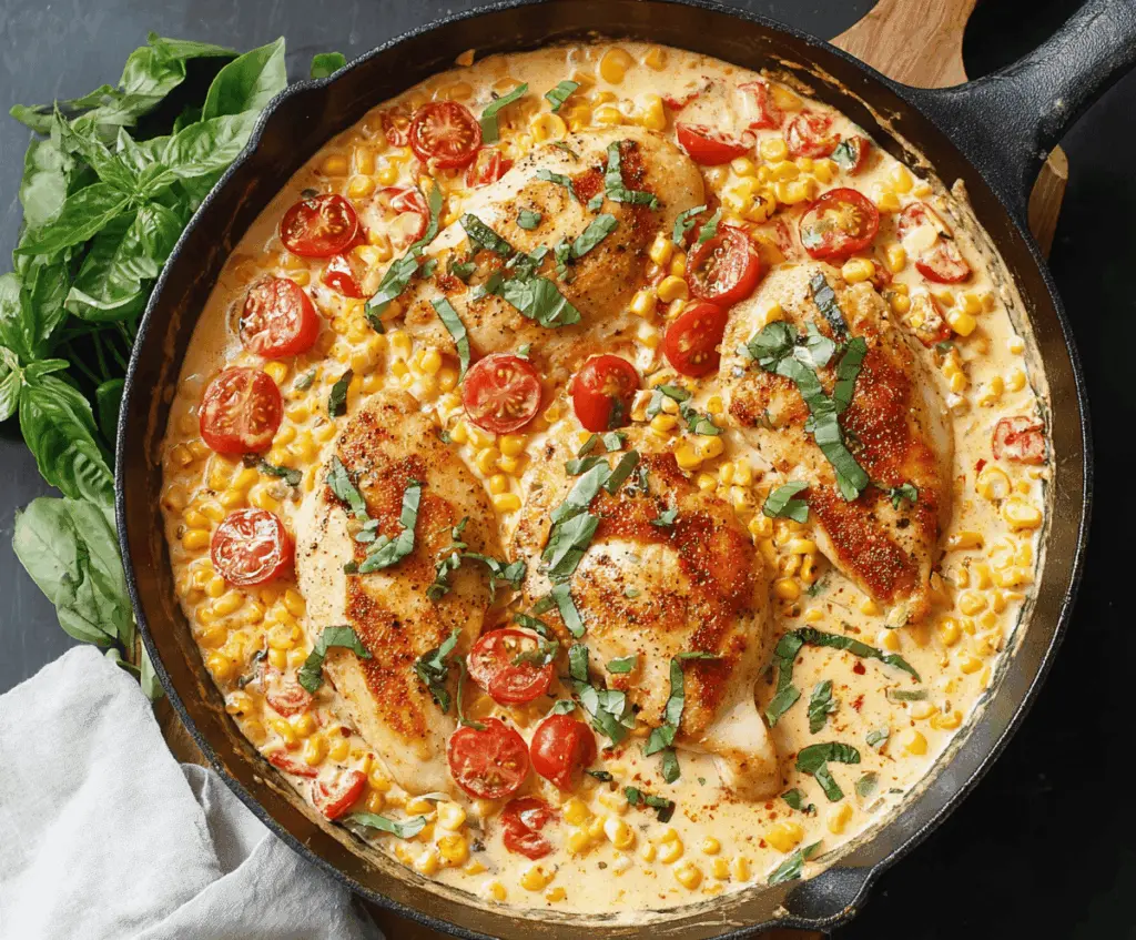 Creamy Skillet Chicken with Corn, Tomato and Basil