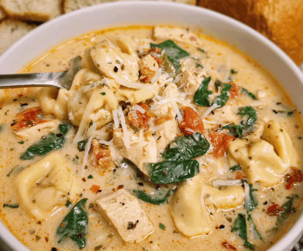 Creamy Tuscan Chicken Tortellini Soup in a bowl with spinach, sun-dried tomatoes, and melted cheese, served hot