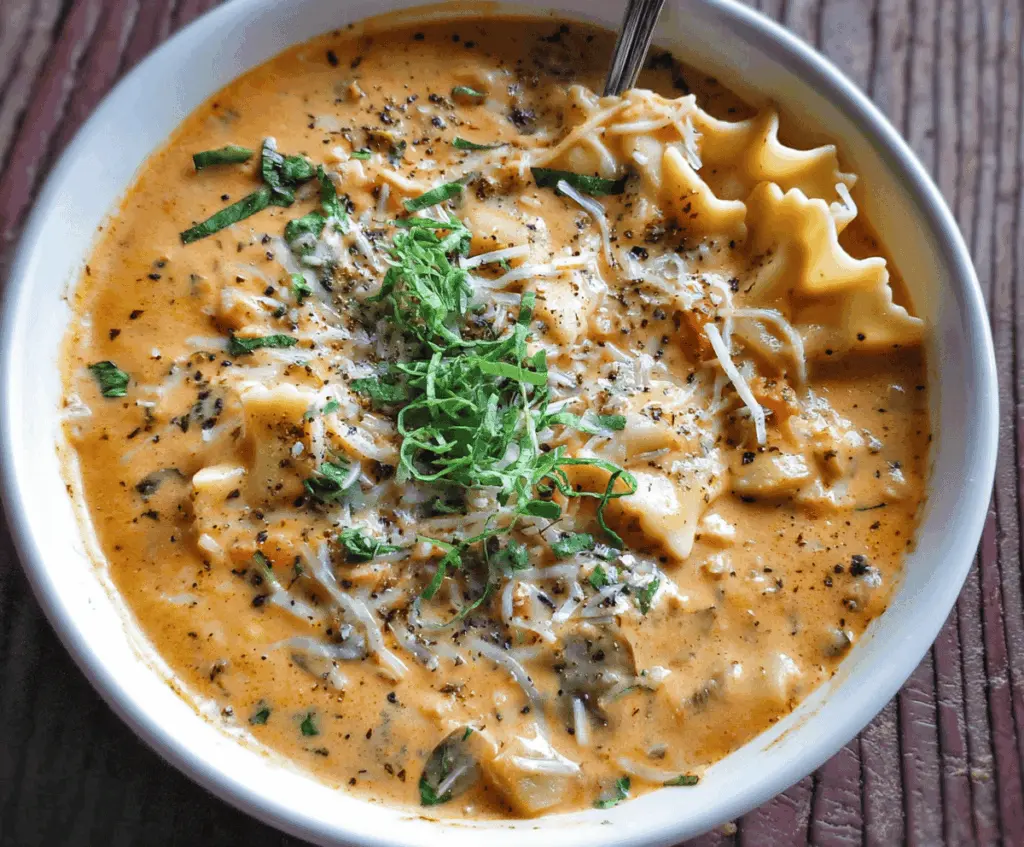 Creamy Vegetarian Lasagna Soup in a bowl topped with fresh basil and grated cheese, showcasing a hearty and flavorful vegetarian soup with layers of ricotta, spinach, and pasta