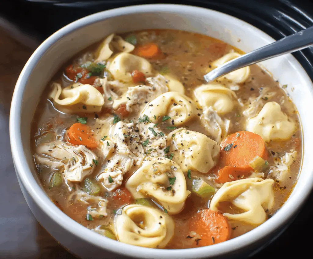 Creamy crockpot chicken tortellini soup with shredded chicken, spinach, and vegetables in a flavorful broth, served in a bowl.