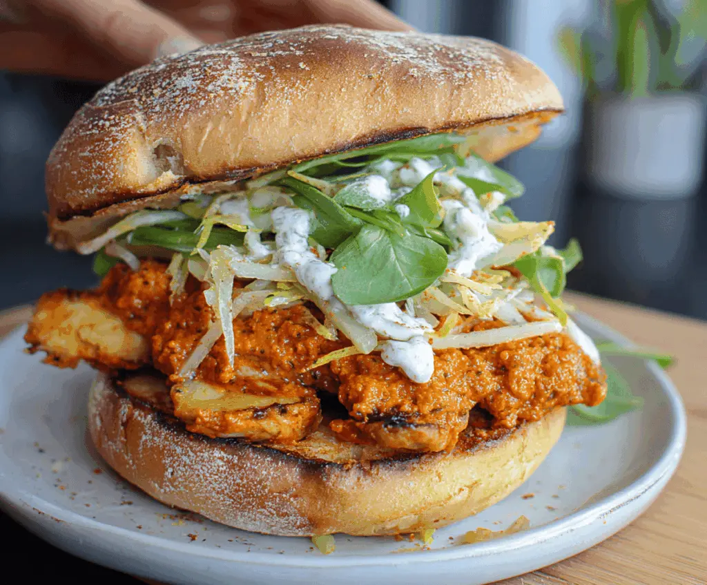 Crunchy Chicken Romesco Sandwich with toasted bread, crispy chicken fillet, vibrant romesco sauce, fresh greens, and sliced tomatoes on a plate.