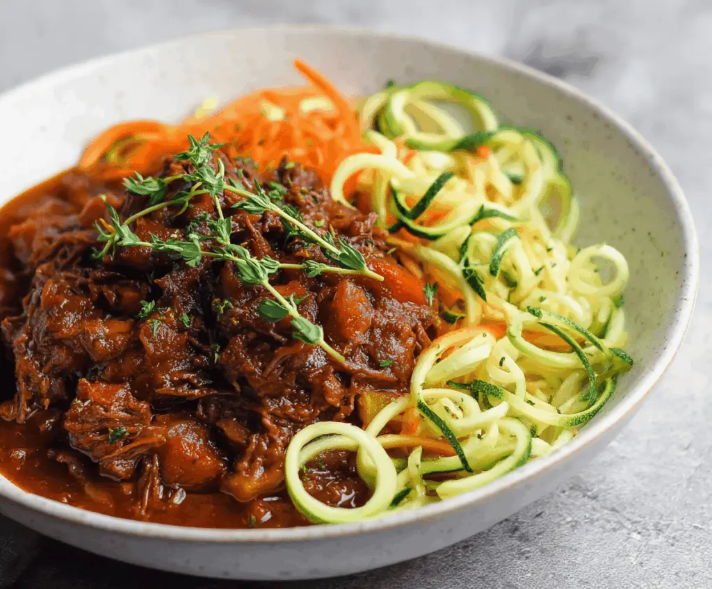 Delicious easy beef ragu served over colorful spiralized vegetables, perfect for a healthy and flavorful low-carb meal.