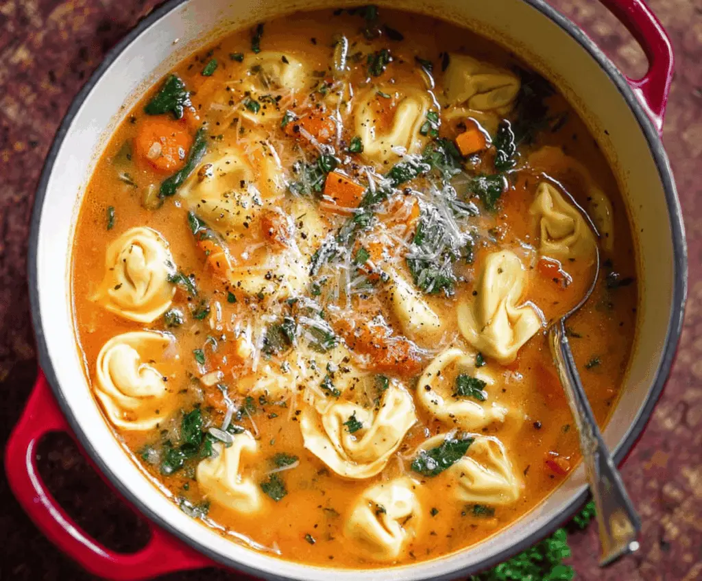 Creamy one-pot tortellini soup in a bowl with fresh herbs and vegetables, perfect for a quick and easy meal