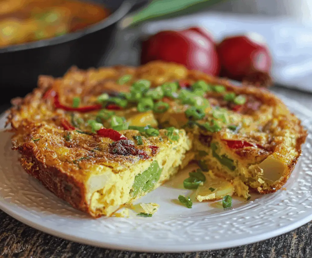 Creamy potato and colorful pepper frittata sliced and served on a plate, perfect for breakfast or brunch