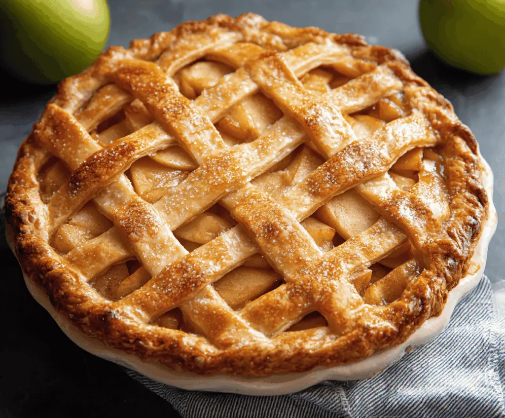 Delicious homemade Granny Smith apple pie topped with golden crust and cinnamon, ready to serve.
