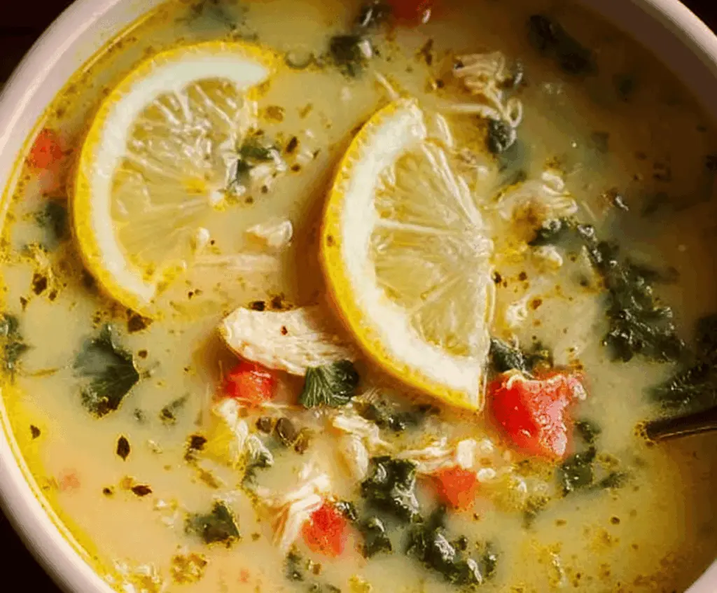 A bowl of steaming Greek Lemon Chicken Soup garnished with fresh herbs and lemon wedges, showcasing tender chicken, rice, and vibrant flavors.