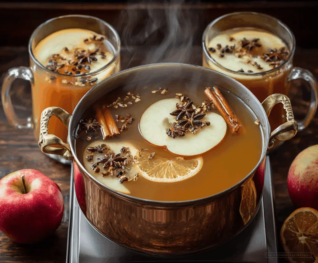 Warm and comforting hot mulled apple cider in a festive mug, garnished with cinnamon sticks and orange slices for a perfect fall or holiday drink.
