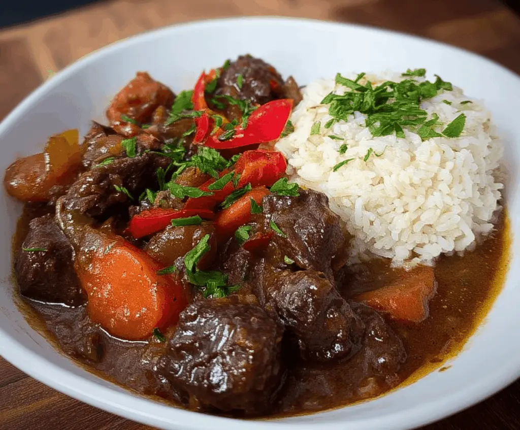 Hearty Jamaican Beef Stew served with fluffy white rice, garnished with fresh herbs and flavorful spices.