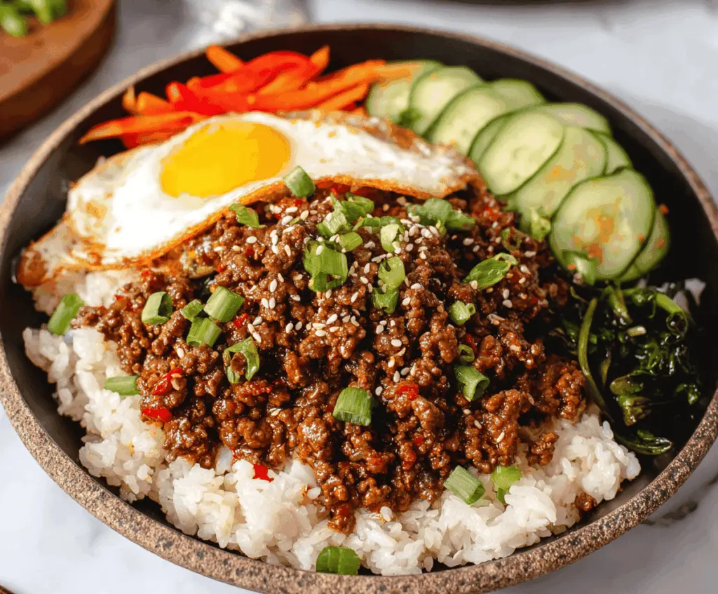 Delicious Korean Ground Beef Bowls topped with green onions and sesame seeds, served over rice in a bowl.
