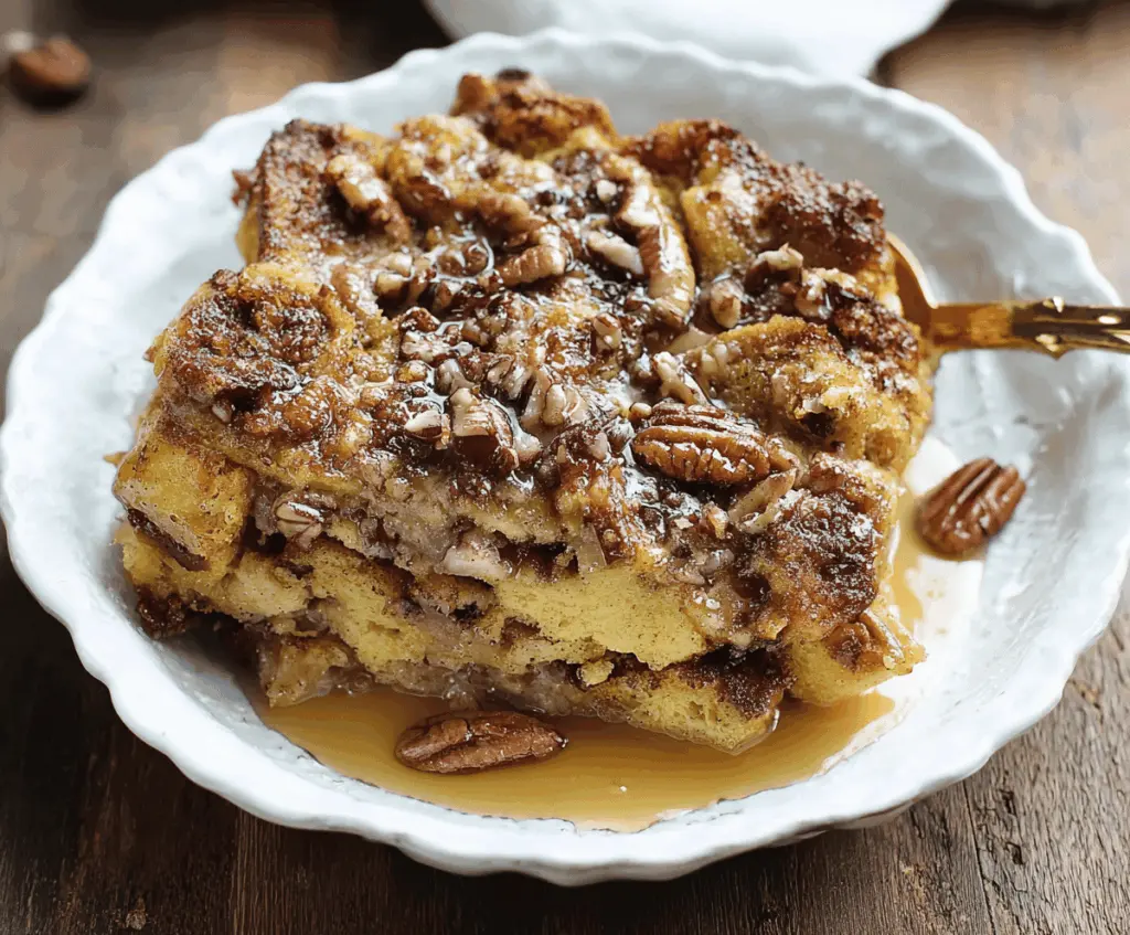 Delicious Maple Pecan French Toast Bake topped with toasted pecans and drizzled with maple syrup, ready to serve