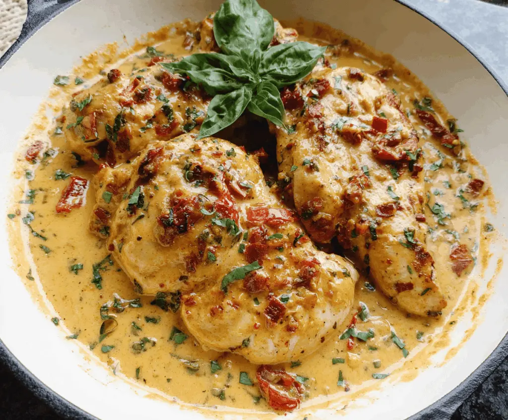 Creamy Marry Me Chicken topped with sun-dried tomato sauce served on a white plate, garnished with fresh herbs, perfect for a romantic dinner