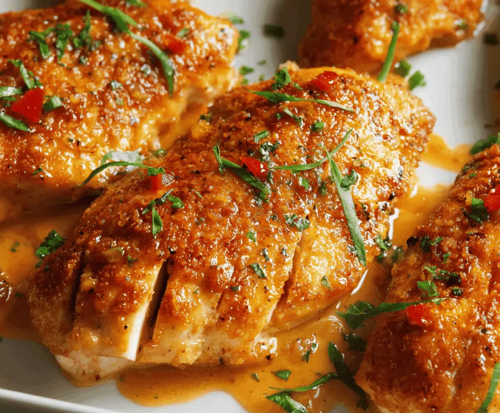 Juicy and tender Melt-In-Your-Mouth Chicken Breast cooked to perfection, served on a plate with fresh herbs