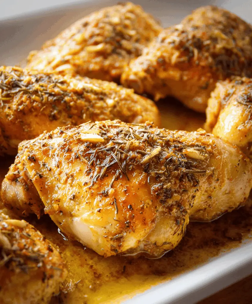 Juicy mustard-herb baked chicken breasts garnished with fresh herbs on a white plate, ready to serve.