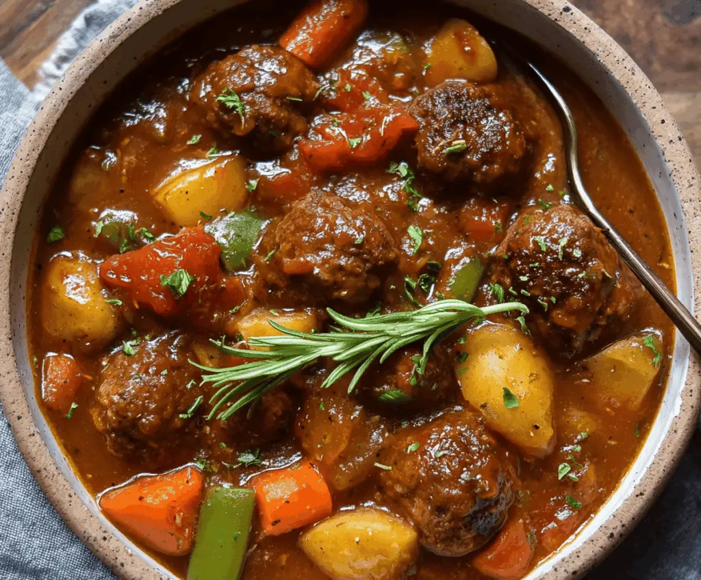 Delicious one-pot meatball stew with tender meatballs, hearty vegetables, and flavorful broth in a rustic bowl