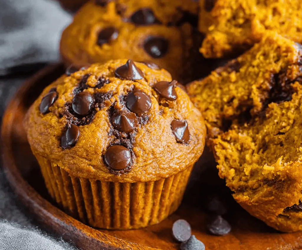 Delicious homemade pumpkin chocolate chip muffins topped with chocolate chips and a sprinkle of cinnamon, perfect for fall baking.