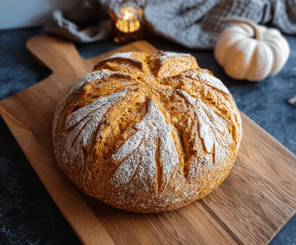 Golden pumpkin sourdough bread loaf with a crisp crust and swirls of pumpkin puree, perfect for fall baking