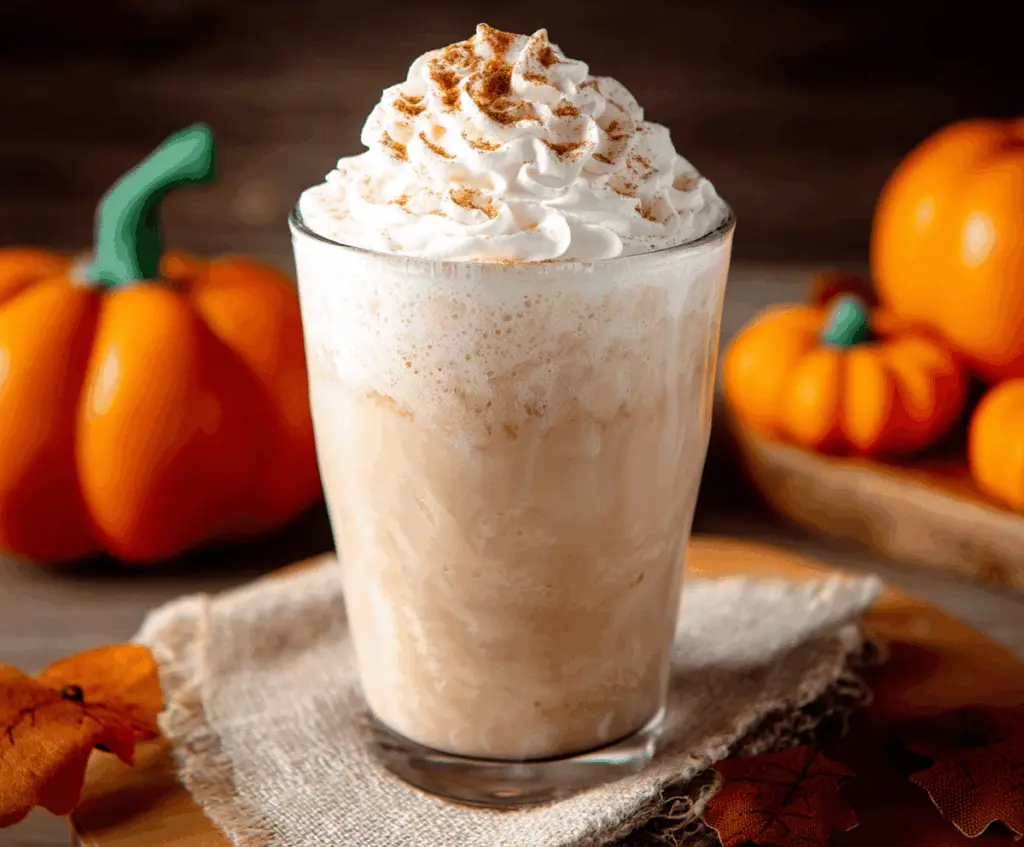 Creamy pumpkin spice latte topped with whipped cream and a sprinkle of cinnamon in a festive mug for a cozy fall drink.