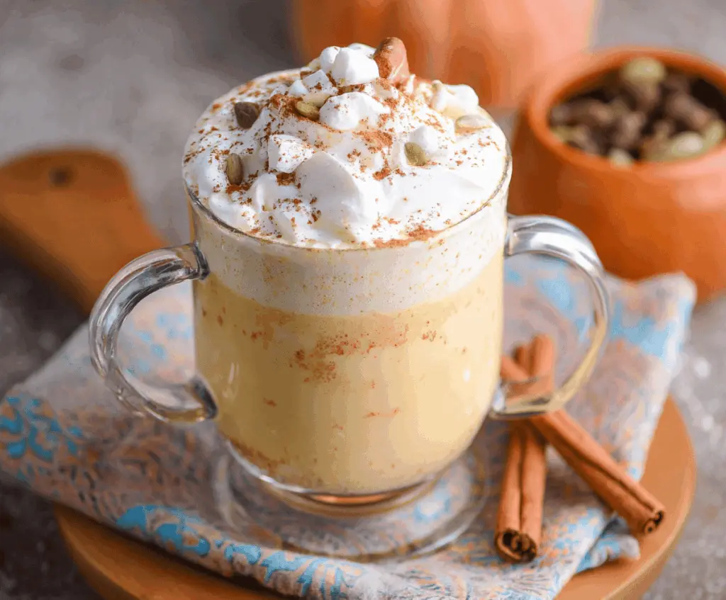 Creamy Pumpkin Spice White Hot Chocolate topped with whipped cream and cinnamon, perfect for cozy fall nights.