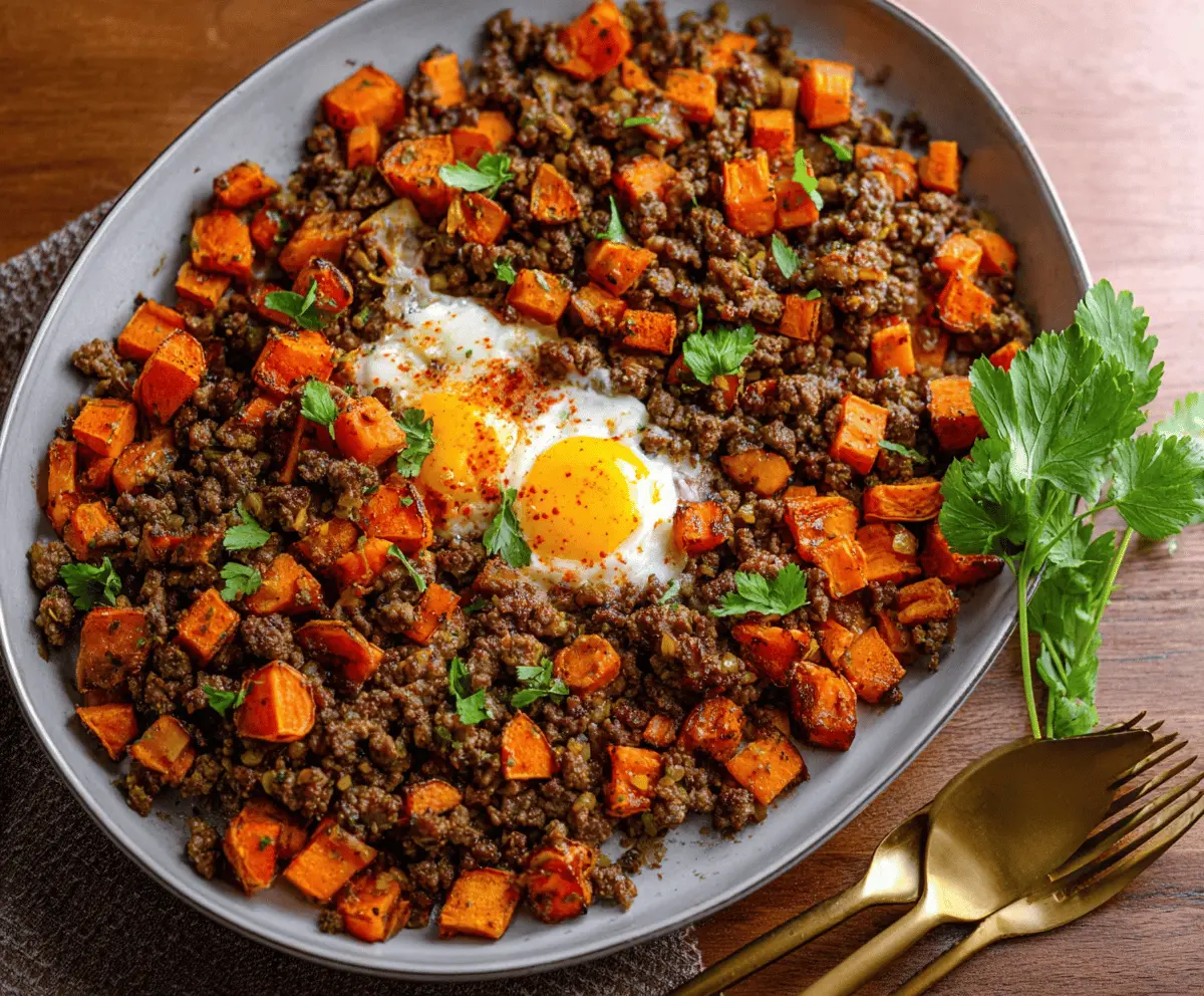 Sheet-Pan Ground Beef and Sweet Potato Hash