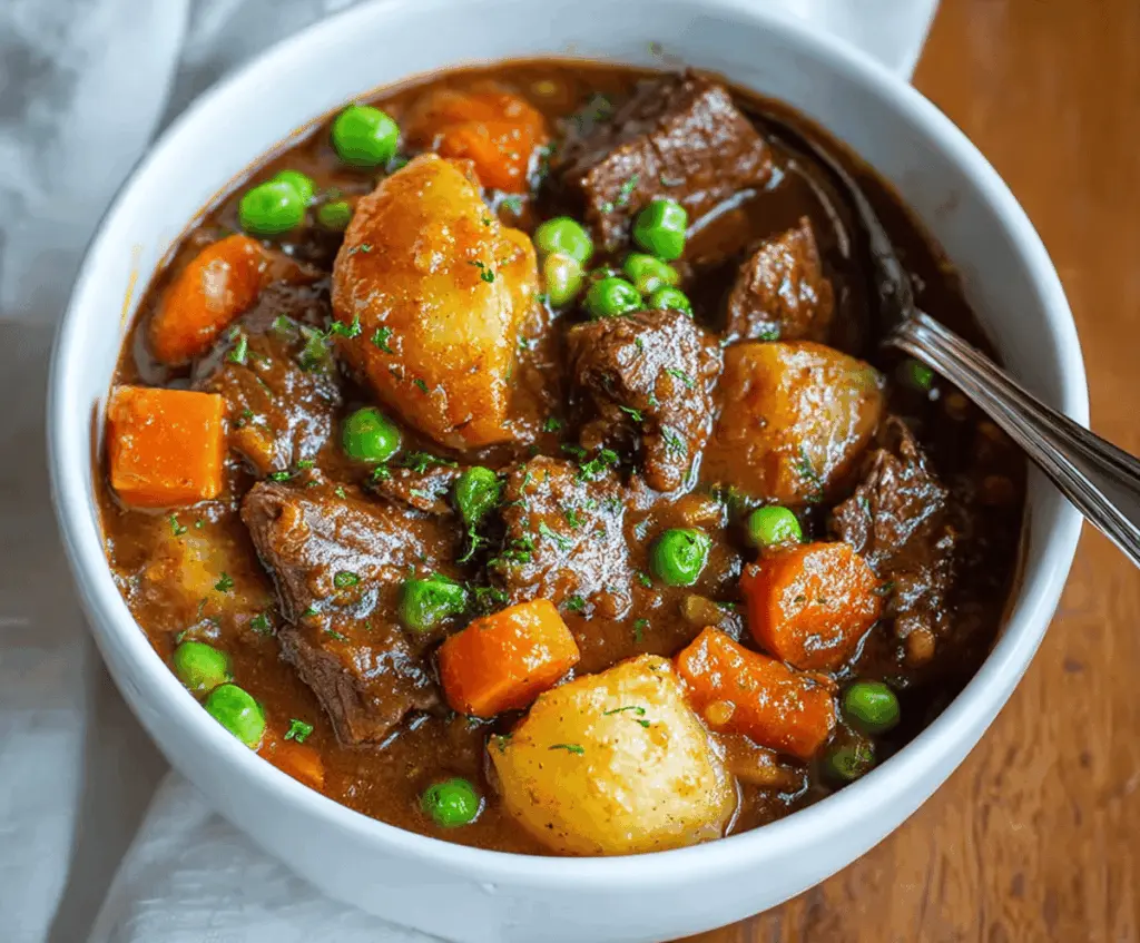 Hearty slow cooker beef stew with tender beef chunks, carrots, potatoes, and fresh herbs in a rich, flavorful broth.