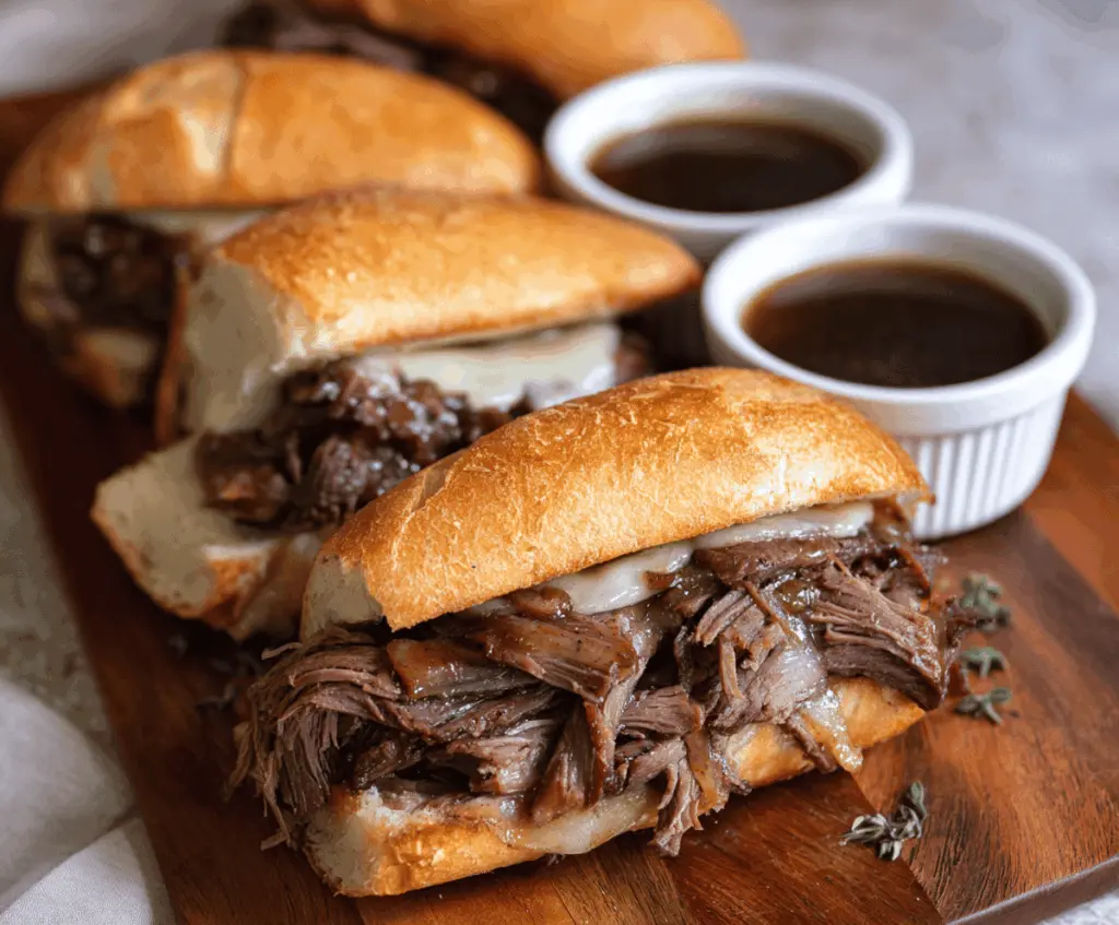 Delicious Slow Cooker French Dip Sandwiches with tender roast beef, melted cheese, and crusty bread served with au jus for dipping.