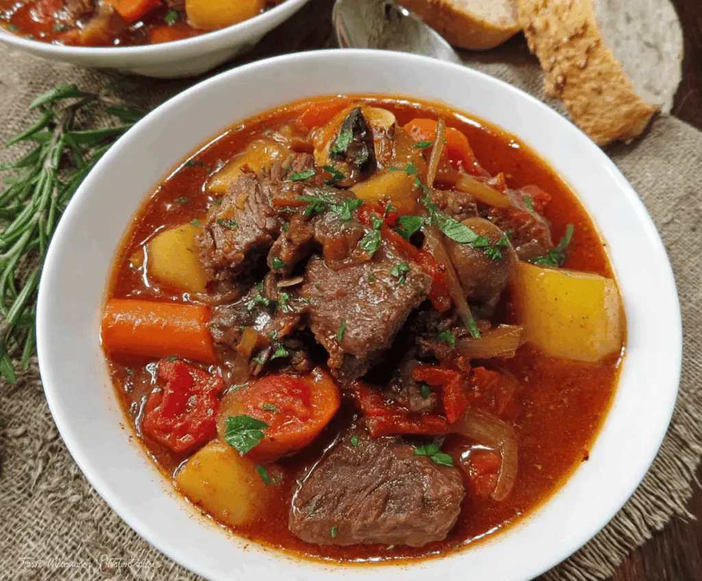 Hearty slow cooker Italian beef stew with tender beef chunks, vegetables, and flavorful herbs in a rich broth