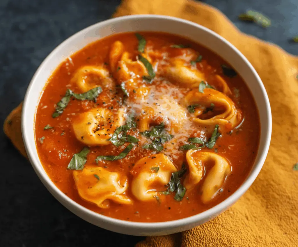 Creamy Slow Cooker Tomato Tortellini Soup in a bowl with fresh basil and grated cheese, ready to serve
