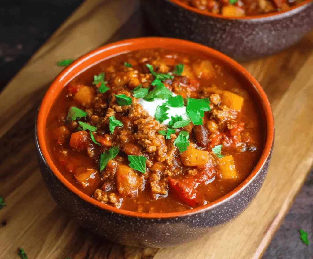 Heaping bowl of smoky chipotle turkey chili garnished with chopped cilantro and shredded cheese, served in a rustic bowl, showcasing hearty and flavorful ingredients.
