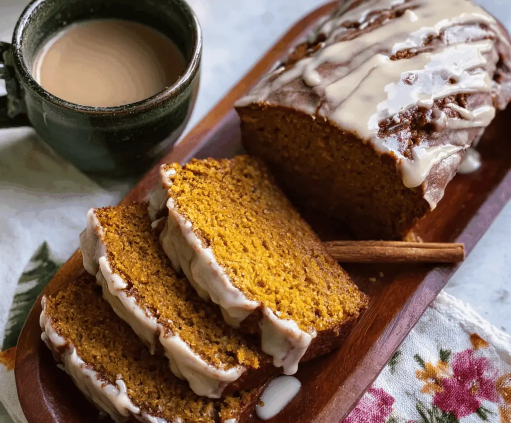 Delicious spiced pumpkin bread topped with cinnamon glaze on a rustic wooden table, perfect for fall baking