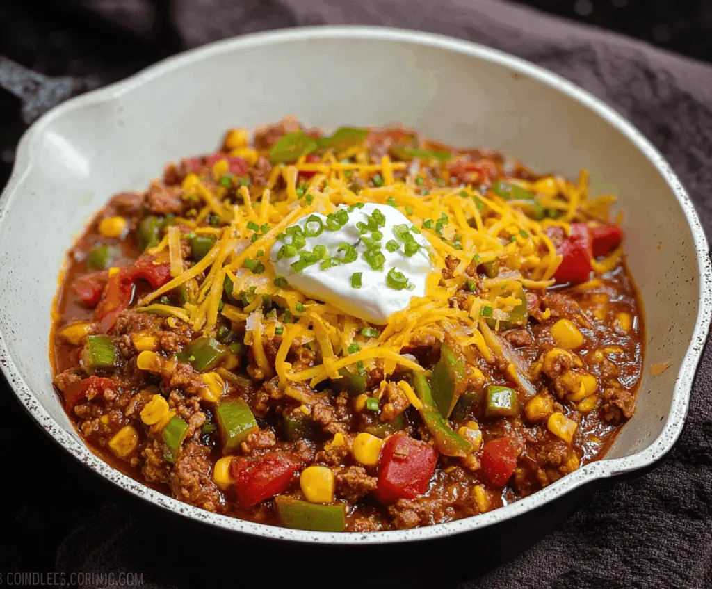 Delicious spicy Southwest chili with corn and colorful peppers in a rustic bowl, perfect for a hearty meal