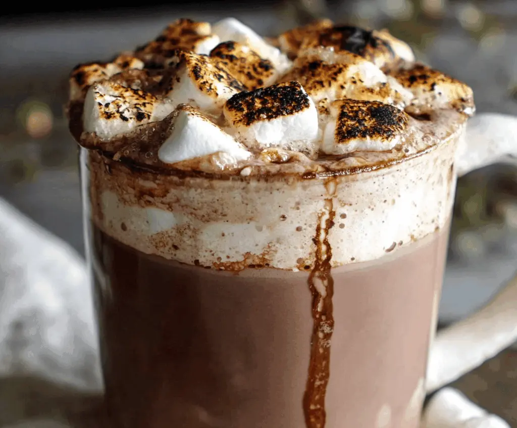 A cozy mug of toasted marshmallow hot cocoa topped with whipped cream and toasted marshmallows, perfect for a comforting winter treat.