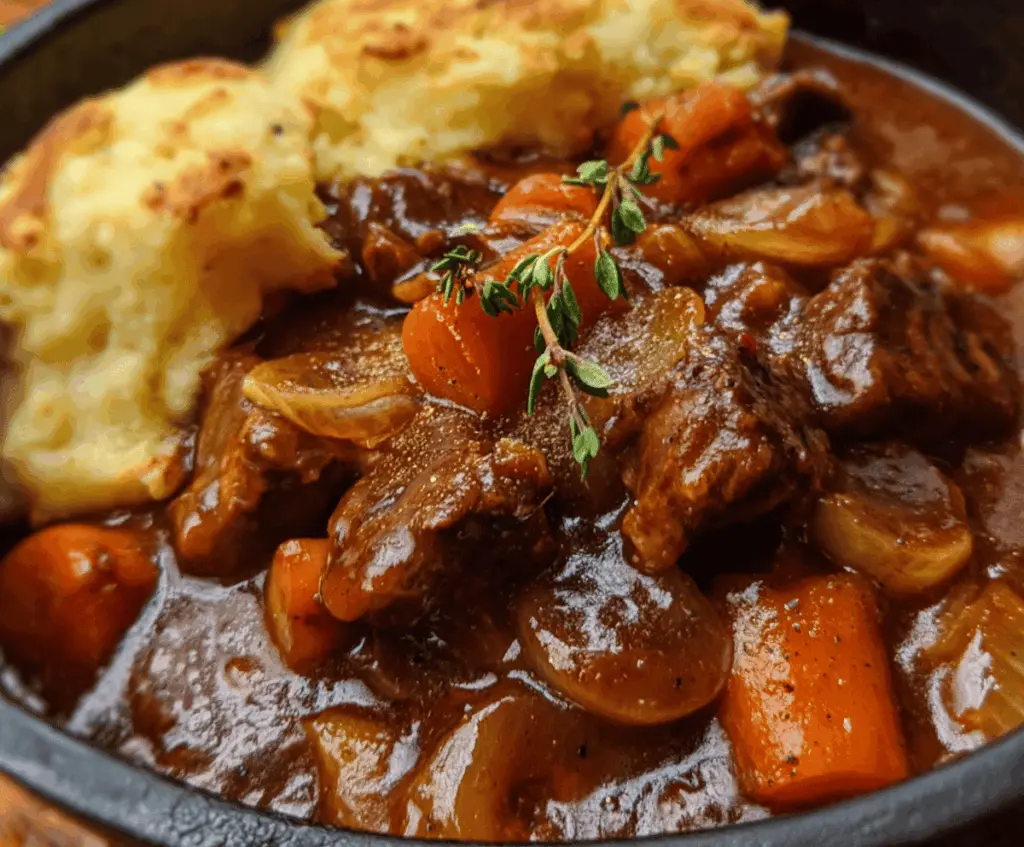 Hearty Witches Cauldron Beef Stew with tender beef chunks, vegetables, and herbs served in a spooky cauldron-shaped pot for a Halloween-themed meal.