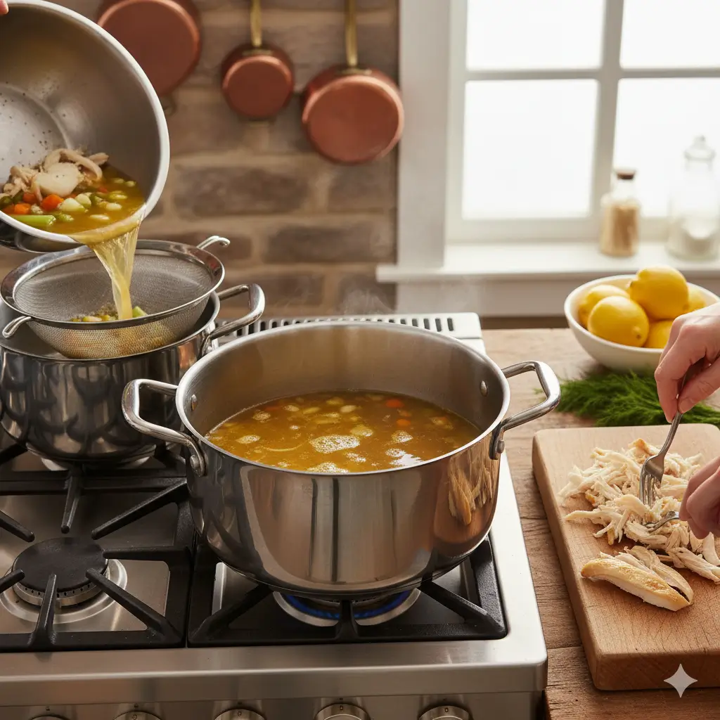 Step 2: Simmer broth with rice or orzo until tender