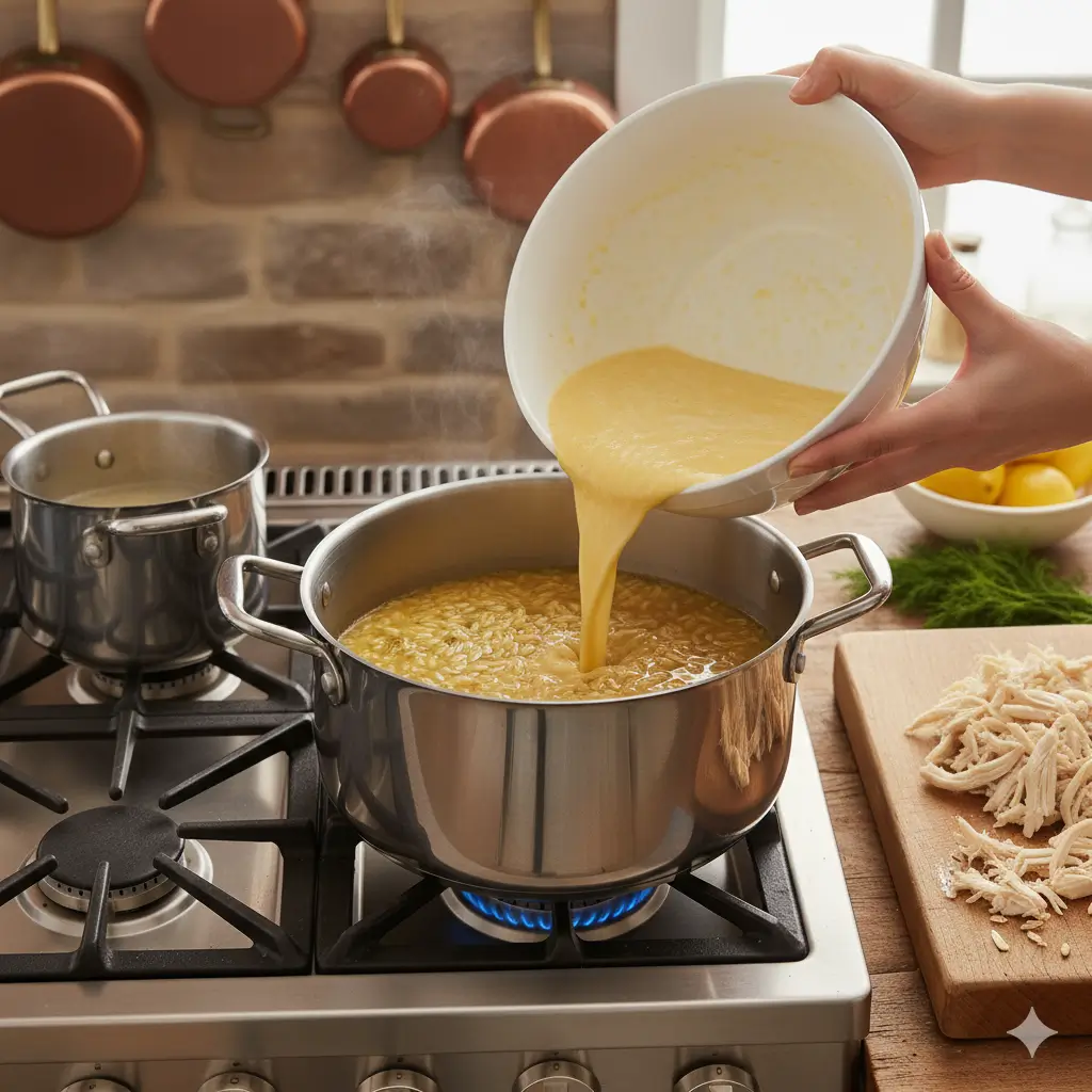 Step 5: Temper egg–lemon by slowly whisking in hot broth