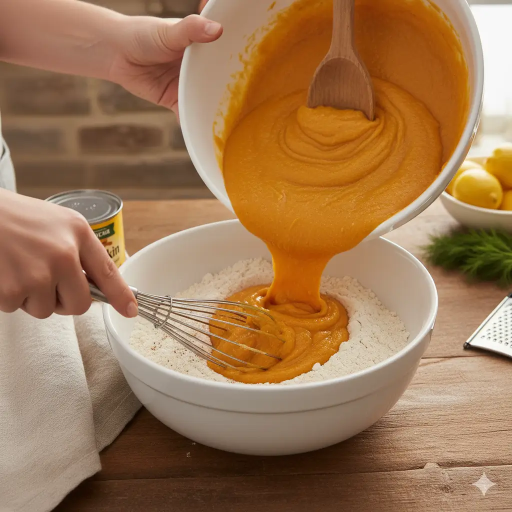 Step 3: Beat eggs; whisk in pumpkin purée, oil or melted butter, and vanilla