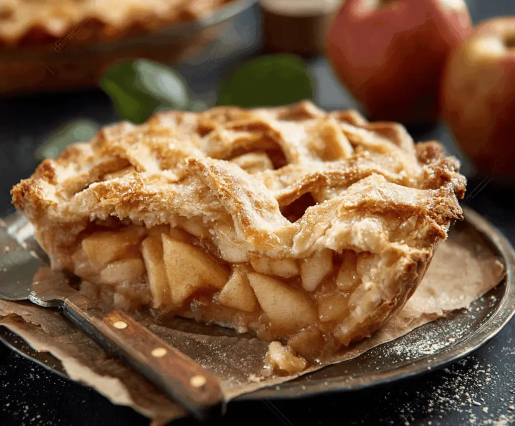 Homemade American apple pie with golden crust and cinnamon-spiced apple filling, served with a scoop of vanilla ice cream