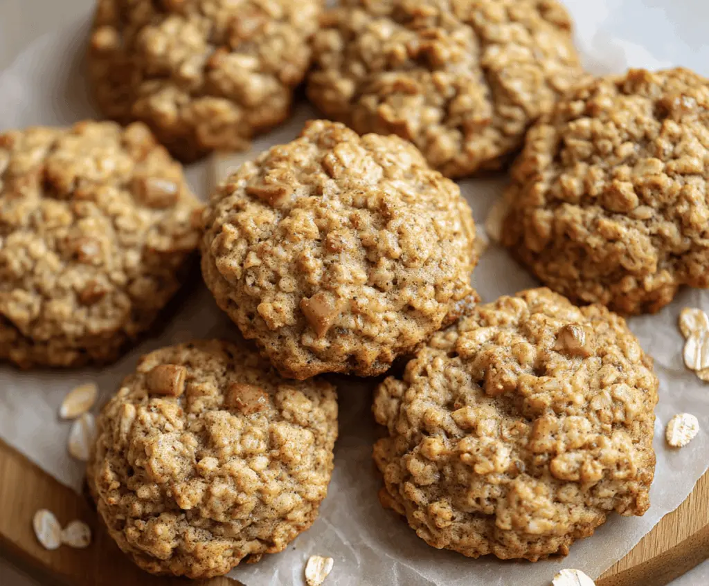 Delicious homemade Apple Cinnamon Oatmeal Cookies with visible chunks of apple and a sprinkle of cinnamon on top
