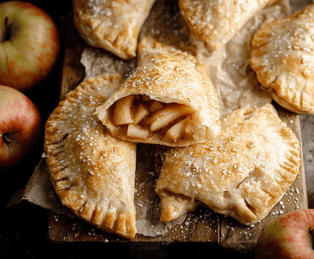 Delicious homemade apple hand pies with golden crust and cinnamon-spiced apple filling on a rustic wooden background