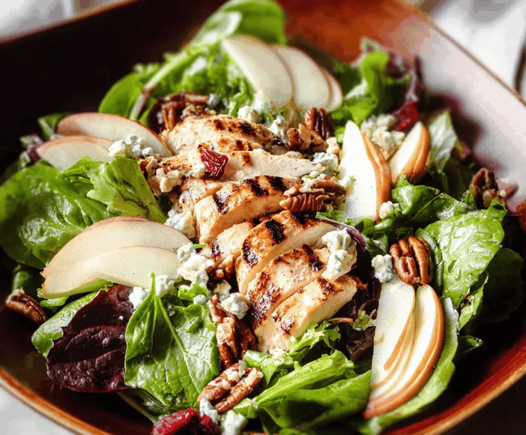 Creamy apple pecan chicken salad with fresh greens, sliced apples, toasted pecans, and grilled chicken topped with a light dressing.
